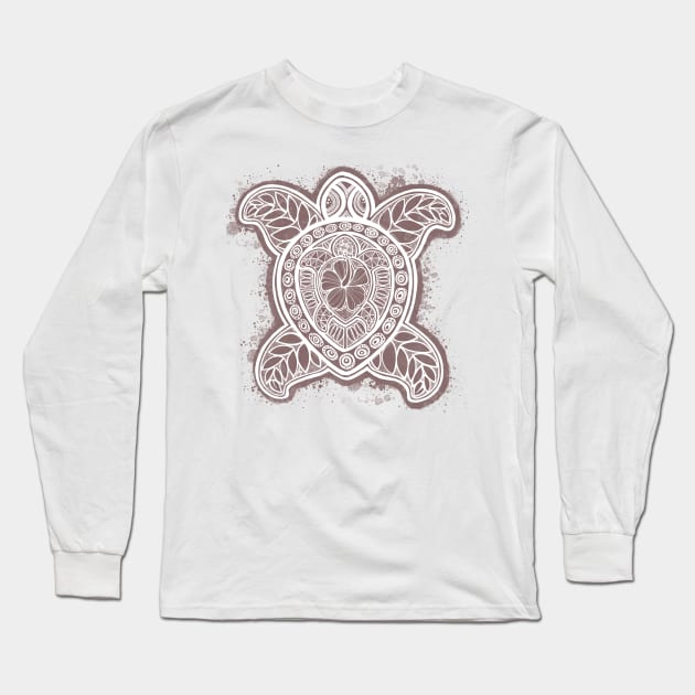 Pasifika Turtle - white on chocolate Long Sleeve T-Shirt by AprilAppleArt